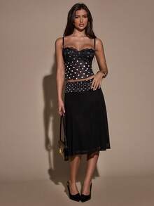 SHEIN BAE Women's Low-Waist Polka Dot Splicing Pleated Slim Fit Polka Dot Printed Women's Skirt - Black - View 1