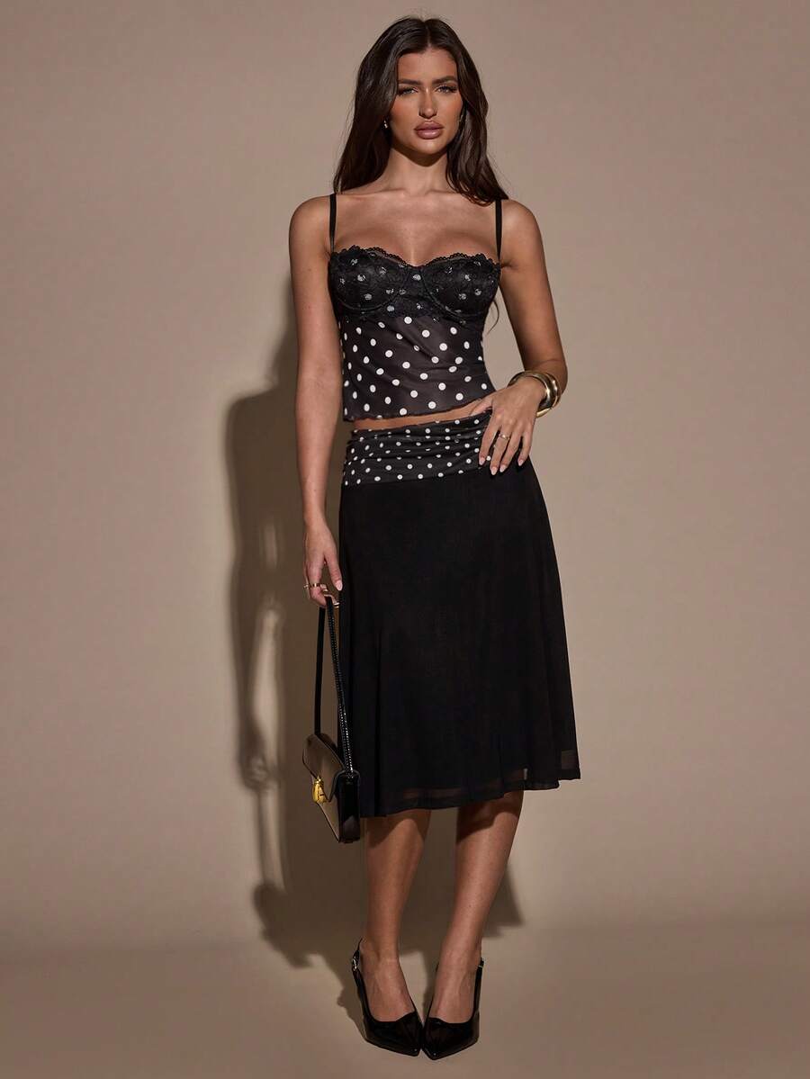 SHEIN BAE Women's Low-Waist Polka Dot Splicing Pleated Slim Fit Polka Dot Printed Women's Skirt - Black - View 1