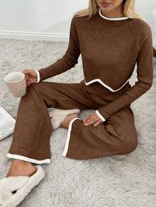 Women Rib Knit Asymmetrical Hem Sweater & Sweater Pants Set - Brown - View 8