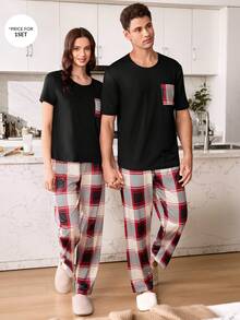 SHEIN 男士格子印花口袋短袖睡衣套装 - 黑色 - 查看 7