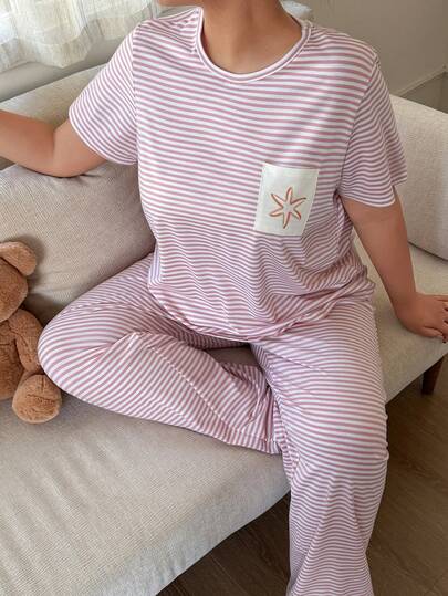 Dream Adore Plus Size Women Casual Striped Contrast Color Pocket Pajama Set