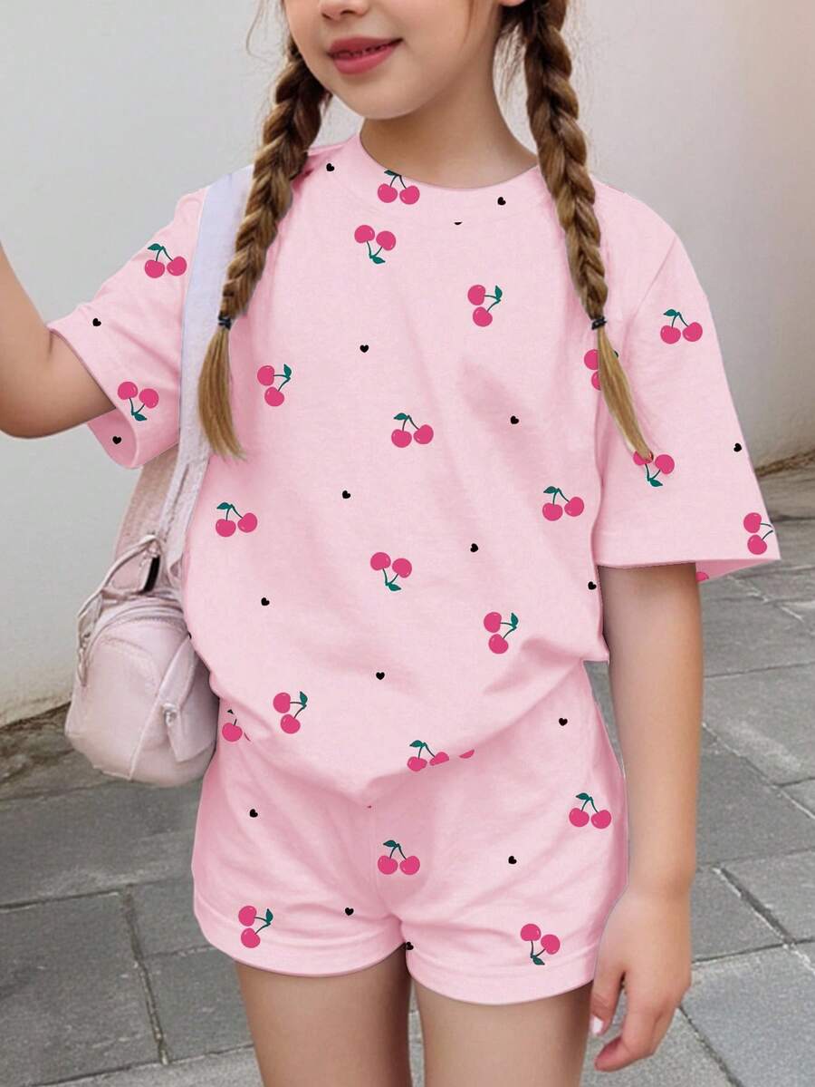 2pcs Cherry Print Casual Tween Girl Short Sleeve Top And Shorts Set, Suitable For Summer, Beach, Vacation - Multicolor - View 1