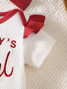 SHEIN Set de 3 piezas de mono con cuello redondo acanalado, pantalones y diadema con lazo bordada, estilo casual para bebé/niño pequeño, para primavera/otoño - Rojo y blanco - Ver 3