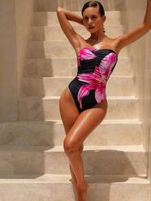 Swim Chiccia 女士印花褶皱抹胸连体泳衣，夏季时尚之选 - 彩色 - 查看 6