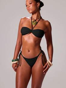 Musera Resort Celana Bikini Satin Ikat Tali Saja Ibiza Liburan Seksi Musim Semi Musim Panas Festival Rave Pakaian Pantai Renang Tequila Sunrise - Hitam - View 4