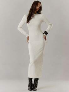 MUSERA 罗纹长袖圆领修身长款连衣裙，街头风可爱优雅休闲性感外出太妃糖色长裙，夏季新娘单身派对婚礼礼服 - 奶油色 - 查看 5