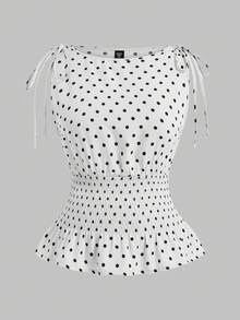 Sweetra Camiseta sin mangas con volantes en el bajo y lazos en los hombros con estampado de lunares para tallas grandes - Blanco - Ver 3