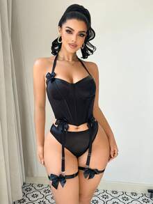 4pcs Satin Bow Sexy Lingerie Set - Black - View 4