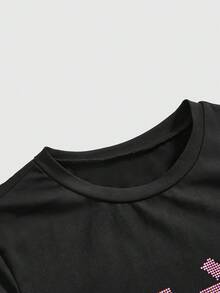 ROMWE Camiseta corta elástica con caracteres chinos y rhinestones, estilo Y2K - Negro - Ver 4
