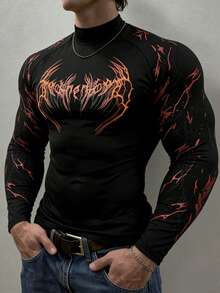 GymBeat Men's Gothic Style Printed Stand Collar Long Sleeve Sports T-Shirt - Black - View 2