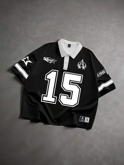 Manfinity ZONE917 宽松短款先锋运动街头风撞色15#运动印花图案Polo衫