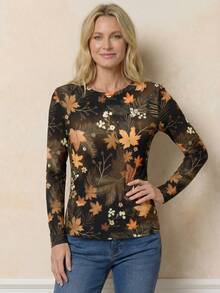 EMERY ROSE Women's Maple Leaf Print Round Neck Long Sleeve Casual Versatile T-Shirt - Multicolor - View 4