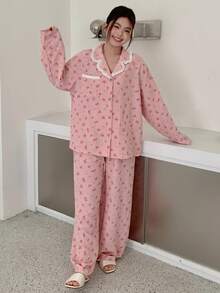 Dazy Plus 两件套碎花宽松长袖上衣和长裤睡衣套装，粉色，春秋季 - 粉色 - 查看 4