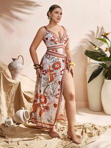 Swim Oasis 大码连体泳衣，网纱裙摆，暖色调花卉印花，可调节肩带 - 彩色 - 查看 5