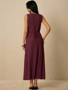 Poéselle Women's Striped Single-Breasted V-Neck Sleeveless Casual Dress - Burgundy - View 2