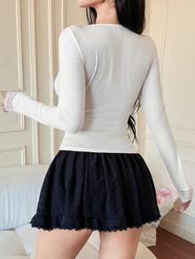 DAZY 女士优雅蕾丝拼接长袖T恤，修身款，适合春夏、派对和情人节穿着 - 白色 - 查看 2