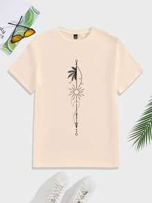 Manfinity Homme 男士休闲太阳印花短袖T恤，夏季 - 卡其色 - 查看 2