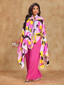 Brilight Bộ đồ hai mảnh dành cho nữ: Áo choàng in họa tiết châu Phi, vạt trước ngắn vạt sau bất đối xứng và quần ống rộng màu hồng đậm. - Màu Hồng Tươi - Xem 6