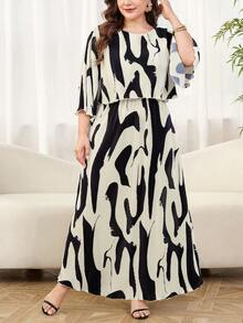 Reflora 大码女式印花圆领七分袖休闲宽松连衣裙 - 黑與白 - 查看 7