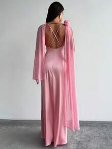 Firerie Elegant, Exquisite, Romantic, Sexy, Luxurious Party, Holiday, Ball, Valentine's Day, Date, Wedding, Guest, Birthday, Vacation Floral Mesh Shawl, Plunging Neckline, Open Back, Criss-Cross Strap, Satin, Mermaid Maxi Dress, Blush Pink - Dusty Pink - View 9