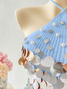 Elamini Sexy Versatile Vacation Style Beaded Halter Knit Top - Blue - View 5