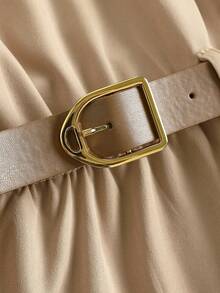 SHEIN Girlism 优雅卡其色纯色无袖连衣裙（含腰带），适合青少年女孩，返校季必备 - 卡其色 - 查看 3