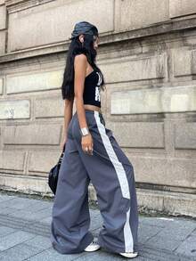 Coolane 女士秋季街头风演唱会锐舞节外出复古Y2K撞色宽松阔腿裤 - 灰色 - 查看 5
