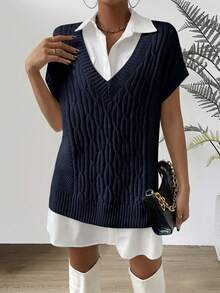 Chiquease Women's Casual V-Neck Loose Knit Vest - Navy Blue - View 5