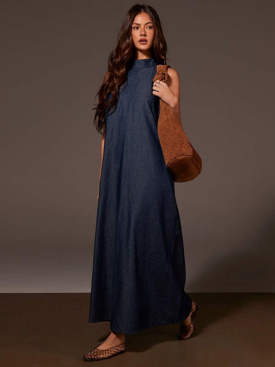 Athîral 女士纯色立领无袖宽松休闲长款牛仔连衣裙 - 藍色 - 查看 1