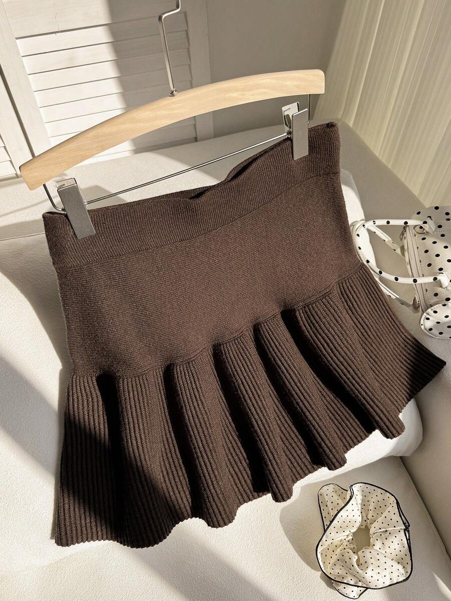 Comfortcana Falda de punto de unicolor informal de talla grande - Marrón - Ver 1