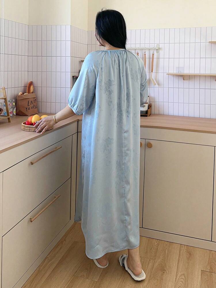 Dazy Plus Lace-Up Floral Print Elegant Long Nightgown, Plus Size Sleepwear For Spring/Summer