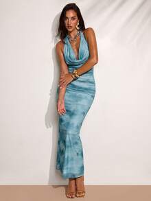 SHEIN BAE Women's Light Blue Tie-Dye Print Halter Backless Fashion Dress With Metallic Ring, Draped Summer Casual Vacation Holiday Ocean Beach Party Dress - Green - View 2