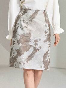 DAZY 提花数码印花直筒中长款优雅度假半身裙，女士春夏款 - 杏色 - 查看 4