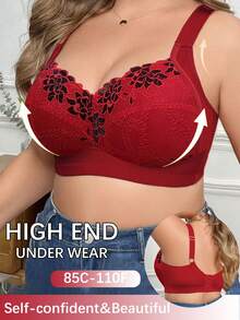 DesireSculpt 1pc Plus Size Lace Patchwork Wireless Bra - Red - View 6