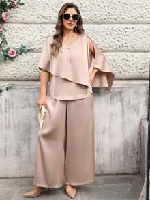 Miaspire Bộ đồ 2 món cỡ lớn, thanh lịch, màu trơn, kiểu dáng bất đối xứng, thích hợp đi làm. - Màu be - Xem 7