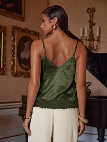 Athîral Women's Satin Lace Patchwork Fashionable Versatile Date Night Camisole Top - Dark Green - View 4