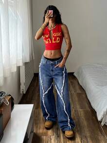 StreetHx Women's Casual Versatile Flared Jeans With Pockets, Button Design And Frayed Hem - Medium Wash - View 8