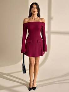 SHEIN Tall Đầm nữ màu đỏ tía trễ vai, đầm ngắn tay dài dáng chữ A, có túi giả, đầm dự tiệc. - Màu Đỏ Sâu - Xem 4