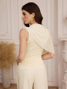 Modelyn Women's Elegant Pleated Drape Slim Fit Design Casual Commuter T-Shirt - Apricot - View 2