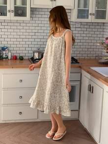 DAZY 少女夏季兔子与花卉印花撞色蕾丝荷叶边宽松吊带睡裙 - 杏色 - 查看 8