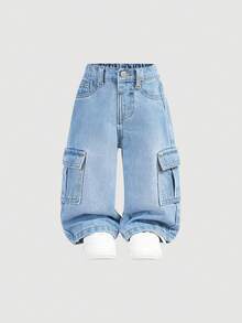 SHEIN Baby Boys' Street Cool Washed Camo Cargo Pocket Loose Fit Denim Jeans,Casual And Versatile For Baby Boys Fall/Winter Clothes - Dark Wash - View 1
