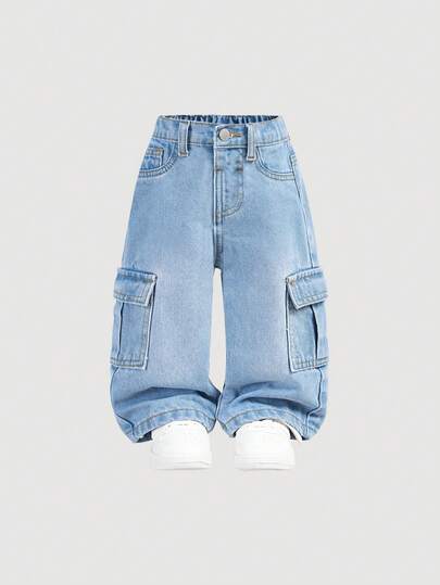 SHEIN Baby Boys' Street Cool Washed Camo Cargo Pocket Loose Fit Denim Jeans,Casual And Versatile For Baby Boys Fall/Winter Clothes