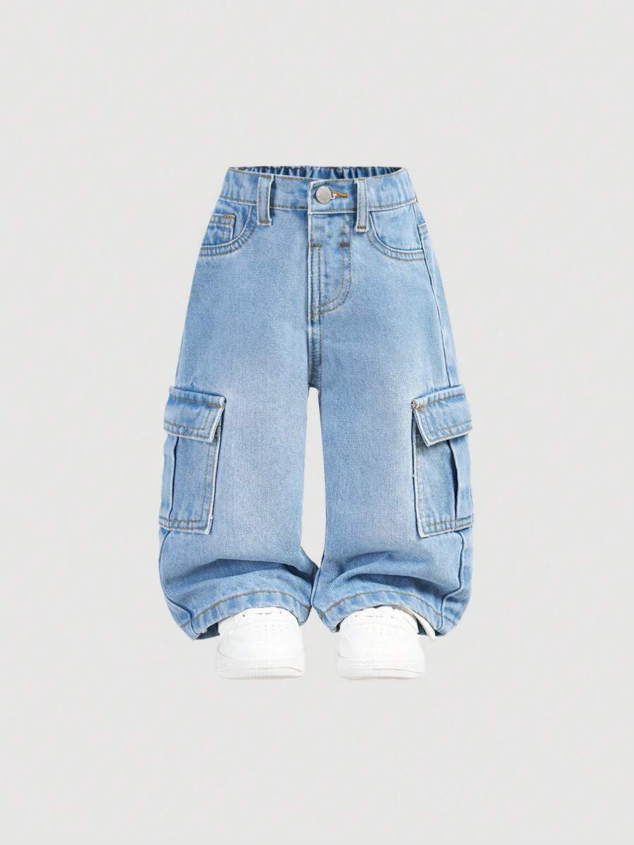 SHEIN Baby Boys' Street Cool Washed Camo Cargo Pocket Loose Fit Denim Jeans,Casual And Versatile For Baby Boys Fall/Winter Clothes - Dark Wash - View 1