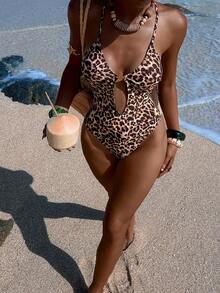 Opulessa Women's Leopard Print Hollow-Out Sexy Fashion One-Piece Swimsuit, Vacation,Summer,Summer Clothes,Summer Holiday Outfits,Valentine's Day,Carnival,Party,Beach,Elegant ,Vacation,Casual,Formal,Graphic,Flower,Red ,Pink,Sequin,Leopard - Multicolor - View 5