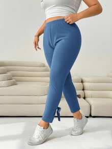 SHEIN PETITE CURVE 大码女式黑色休闲修身裤，饰有蝴蝶结和侧开衩，适合夏季、秋季、可爱场合、海滩度假、西部风情、乡村音乐会、校园、早午餐等。 - 藍色 - 查看 4