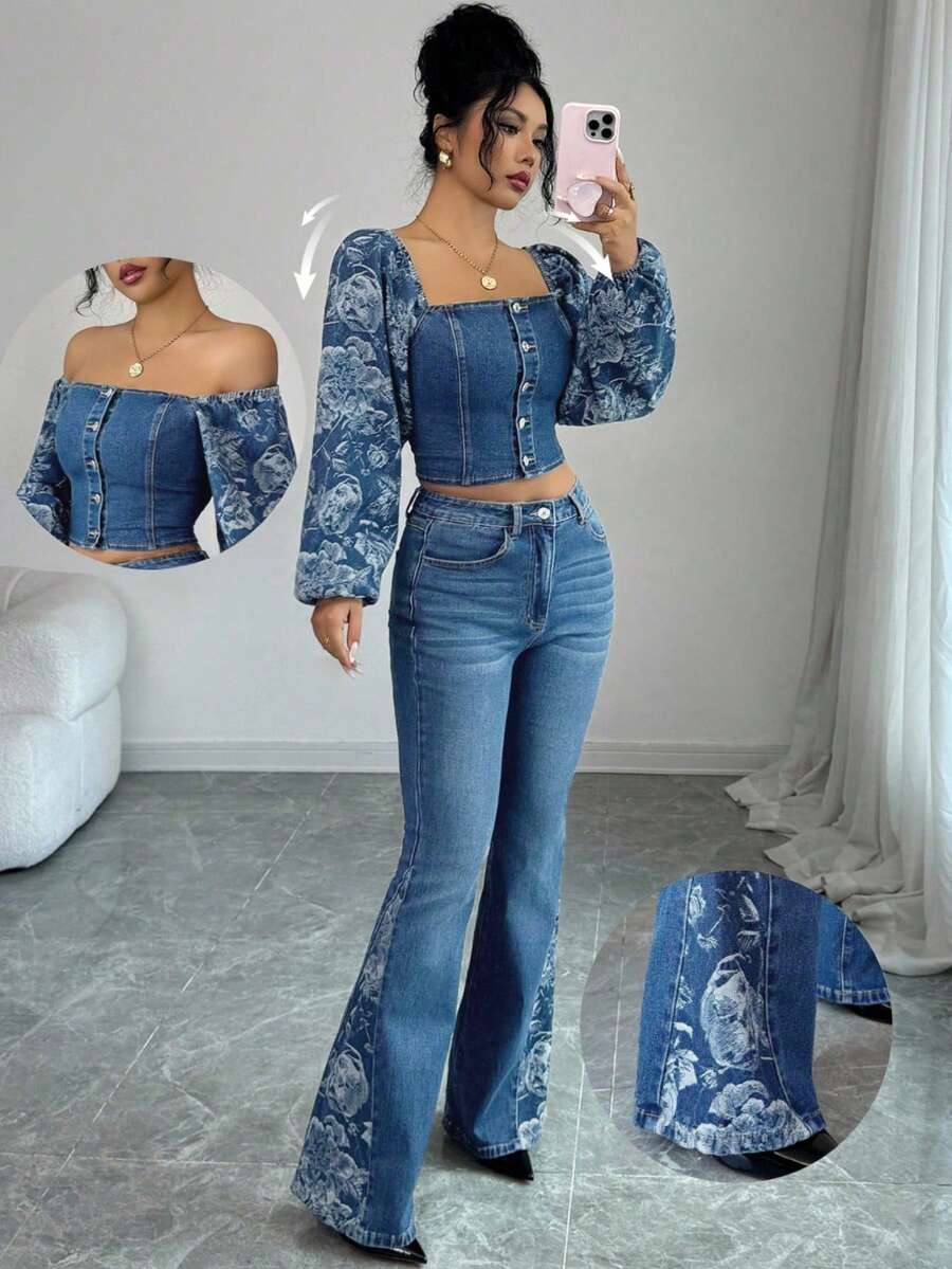 Elenzga Bộ đồ denim thời trang 2 món dành cho nữ, gồm áo dài tay hở vai và quần cạp cao. - Rửa trung bình - Xem 1