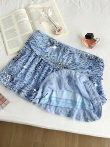 Comfortcana Plus Size Women Sequin Decor Ruffle Hem Fashionable A-Line Skirt Valentine's Day - Blue - View 7