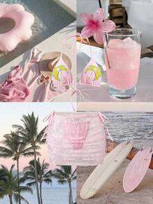 Bonvoyette Trang phục đi biển dành cho nữ - Bộ bikini siêu nhỏ viền ren, trang trí cây dừa, váy ngắn ren, bộ 3 món thời trang thường ngày gợi cảm ngọt ngào cho khu nghỉ dưỡng (Áo bikini buộc cổ, váy ngắn) - Màu Hồng baby - Xem 5