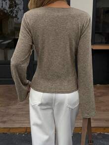 Siren Gaze Brown Knitted Wrap Deep V Neck Asymmetrical Hem Extra-Long Sleeve T-Shirt For Women Casual Style Wrap Tops For Women Deep V Neck Top Khaki Top Coffee Brown Top Brown Long Sleeve Top - Brown - View 2