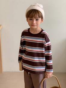DAZY Young Boy Striped Round Neck Dropped Shoulder Long Sleeve Casual Loose T-Shirt Spring - Brown - View 3
